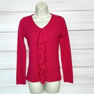 Saks Fifth Avenue Cashmere Sweater Raspberry Color V-neck Ruffle Detail XS